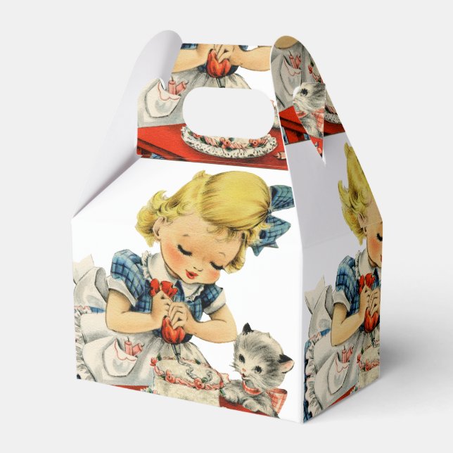 Retro Birthday Girl Cake Cat Children Artwork Favor Boxes (Front Side)
