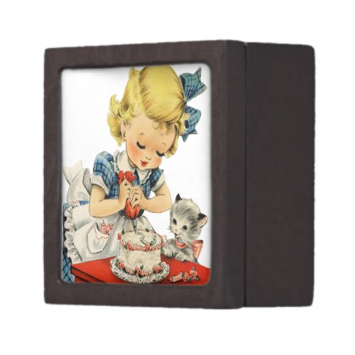 Retro Birthday Girl Cake Cat Children Artwork Gift Box