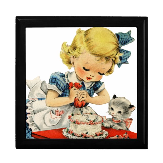 Retro Birthday Girl Cake Cat Children Artwork Gift Box (Front)