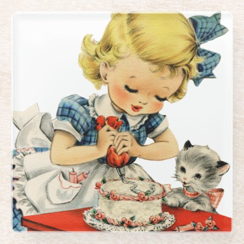 Retro Birthday Girl Cake Cat Children Artwork Glass Coaster