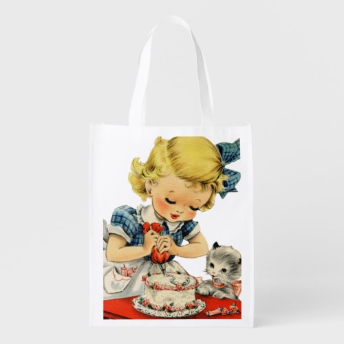 Retro Birthday Girl Cake Cat Children Artwork Grocery Bag