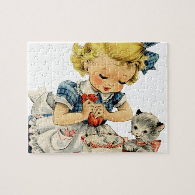 Retro Birthday Girl Cake Cat Children Artwork Jigsaw Puzzle (Horizontal)