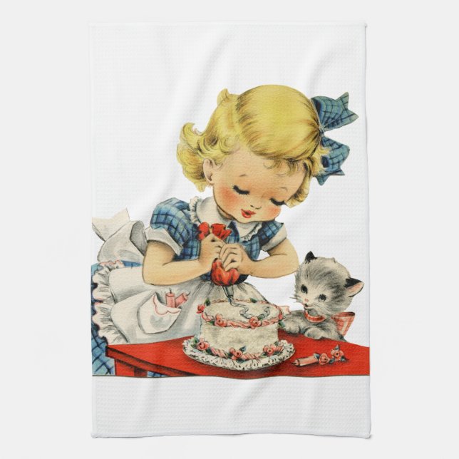 Retro Birthday Girl Cake Cat Children Artwork Kitchen Towel (Vertical)