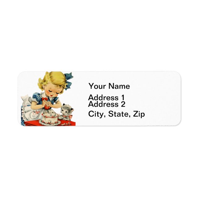 Retro Birthday Girl Cake Cat Children Artwork Label (Front)