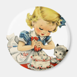 Retro Birthday Girl Cake Cat Children Artwork Magnet