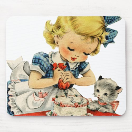 Retro Birthday Girl Cake Cat Children Artwork Mouse Pad