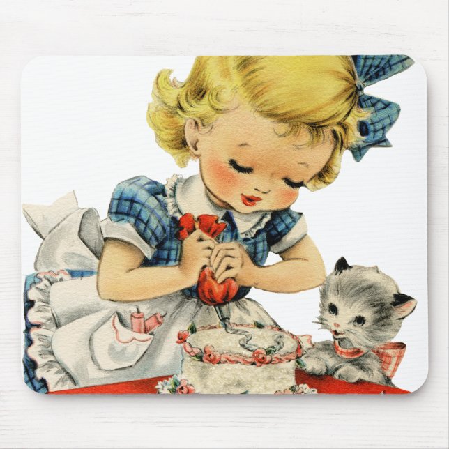 Retro Birthday Girl Cake Cat Children Artwork Mouse Pad (Front)