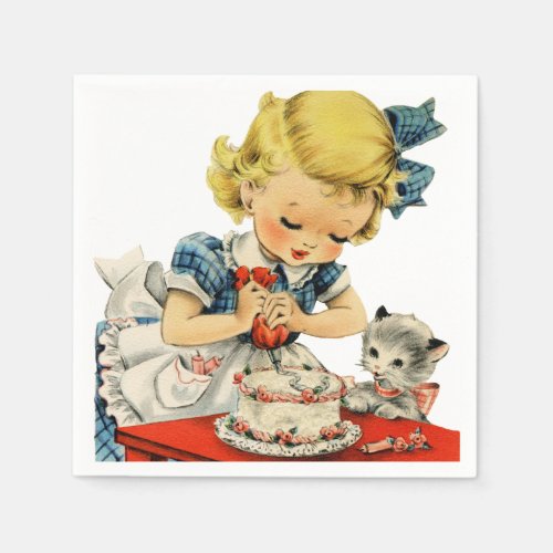 Retro Birthday Girl Cake Cat Children Artwork Napkins