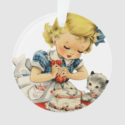 Retro Birthday Girl Cake Cat Children Artwork Ornament