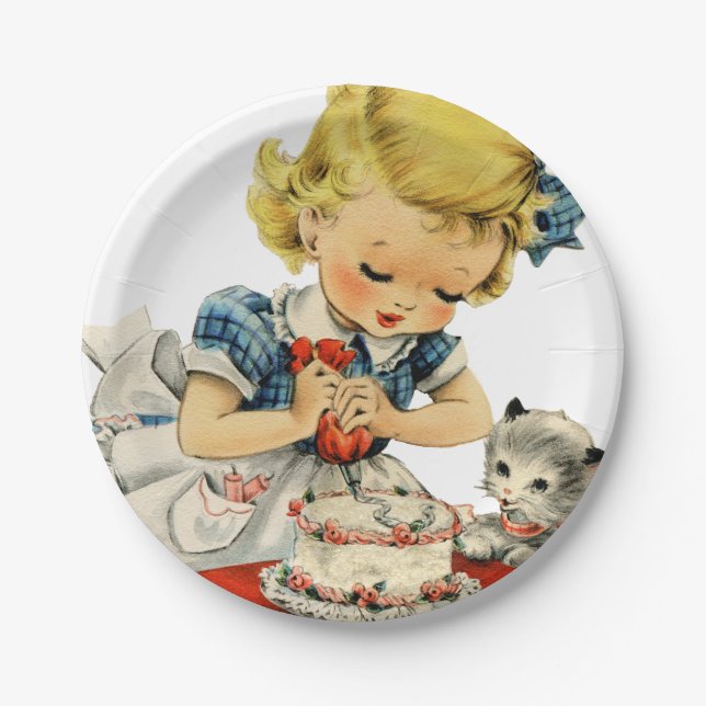 Retro Birthday Girl Cake Cat Children Artwork Paper Plates (Front)