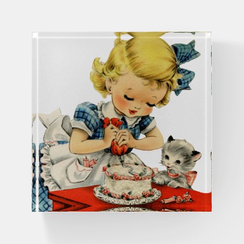 Retro Birthday Girl Cake Cat Children Artwork Paperweight