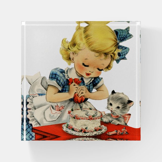Retro Birthday Girl Cake Cat Children Artwork Paperweight (Front)
