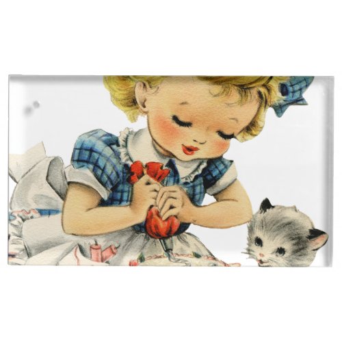 Retro Birthday Girl Cake Cat Children Artwork Place Card Holder