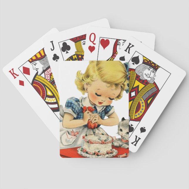 Retro Birthday Girl Cake Cat Children Artwork Poker Cards (Back)