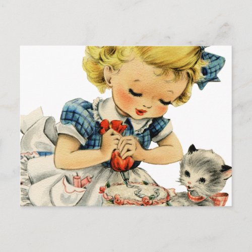 Retro Birthday Girl Cake Cat Children Artwork Postcard