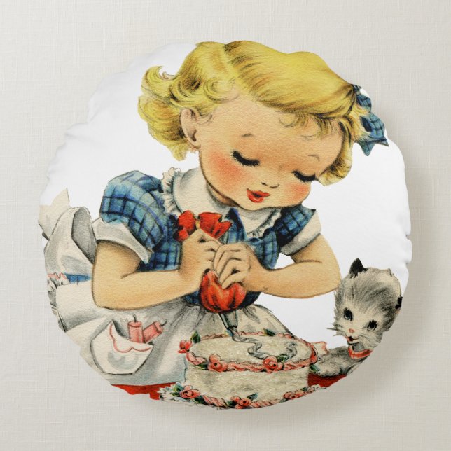 Retro Birthday Girl Cake Cat Children Artwork Round Pillow (Front)