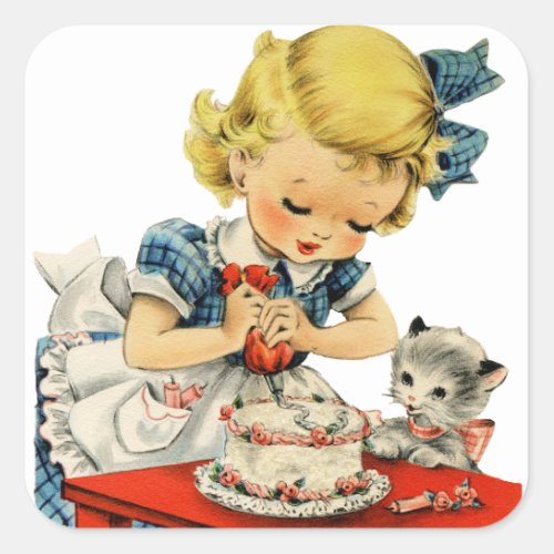 Retro Birthday Girl Cake Cat Children Artwork Square Sticker