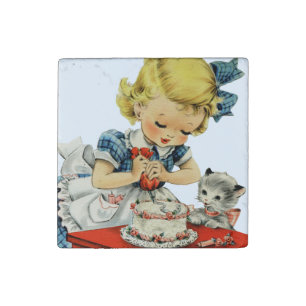 Retro Birthday Girl Cake Cat Children Artwork Stone Magnet