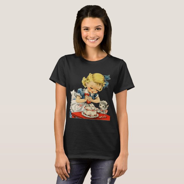 Retro Birthday Girl Cake Cat Children Artwork T-Shirt (Front Full)