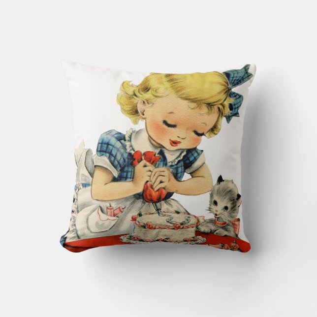 Retro Birthday Girl Cake Cat Children Artwork Throw Pillow (Front)