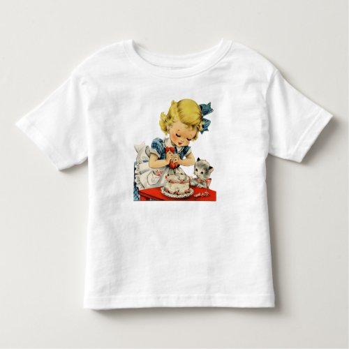 Retro Birthday Girl Cake Cat Children Artwork Toddler T_shirt