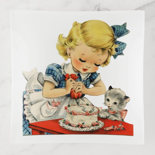 Retro Birthday Girl Cake Cat Children Artwork Trinket Tray (Front)
