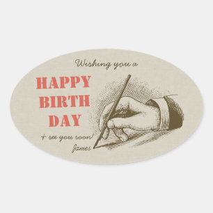 Retro birthday Male hand holding a fountain pen Oval Sticker