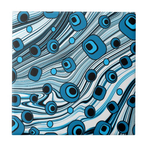 Retro Black and Blue Wavy Cute and Groovy Art Ceramic Tile