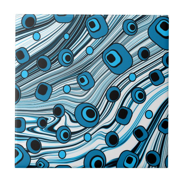 Retro Black and Blue Wavy Cute and Groovy Art Ceramic Tile (Front)