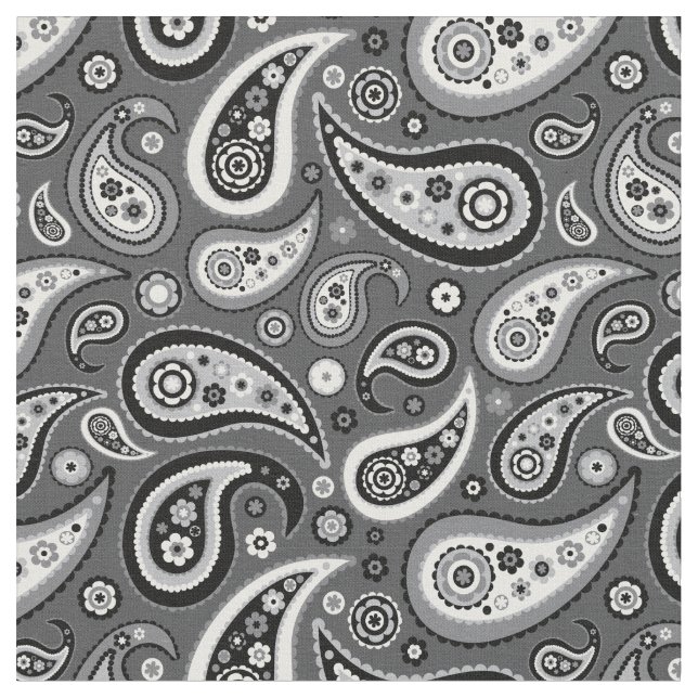 Retro Black and Gray Paisley Pattern Fabric (Close Up)
