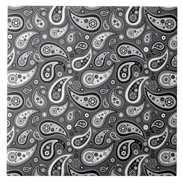 Retro Black and Gray Paisley Pattern Tile (Front)