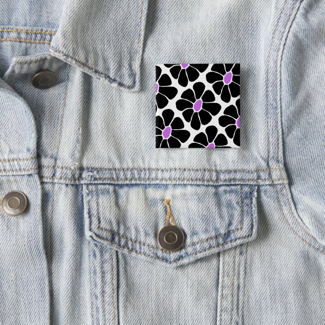 Retro Black and Purple Daisy Pattern Button (In Situ)