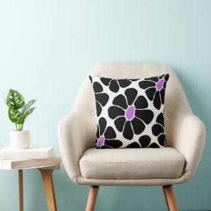 Retro Black and Purple Daisy Pattern Throw Pillow