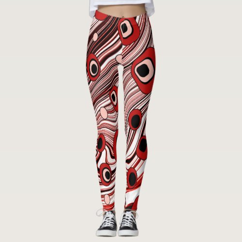 Retro Black and Red Groovy and Cute Wavy Art Leggings