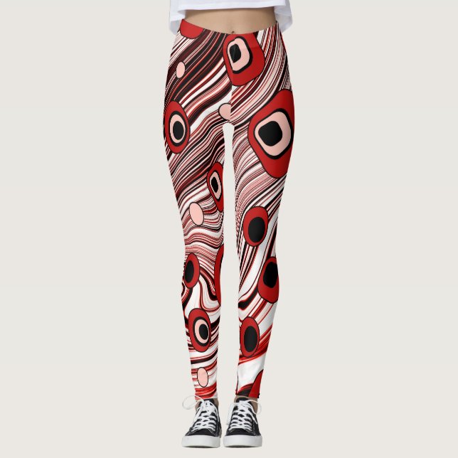 Retro Black and Red Groovy and Cute Wavy Art Leggings (Front)