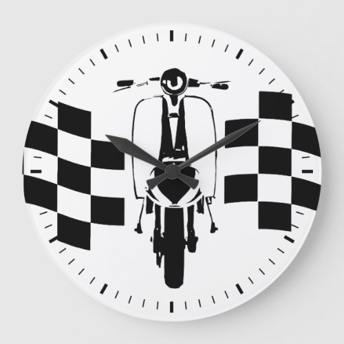 Retro Black and white check flag scooter Large Clock