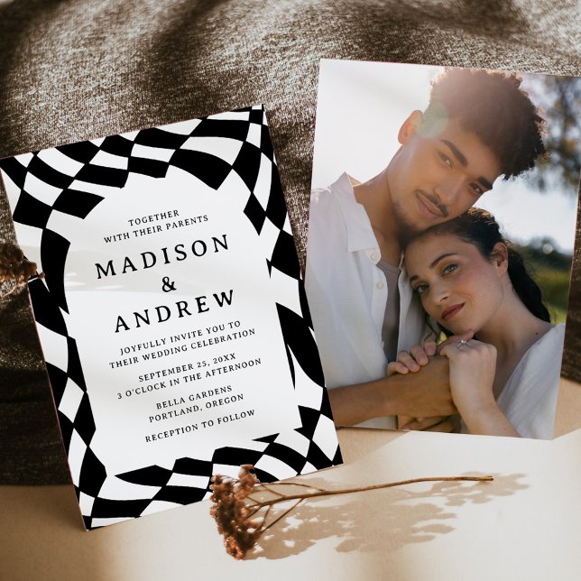 Retro Black and White Checkerboard Photo Wedding Invitation (Creator Uploaded)
