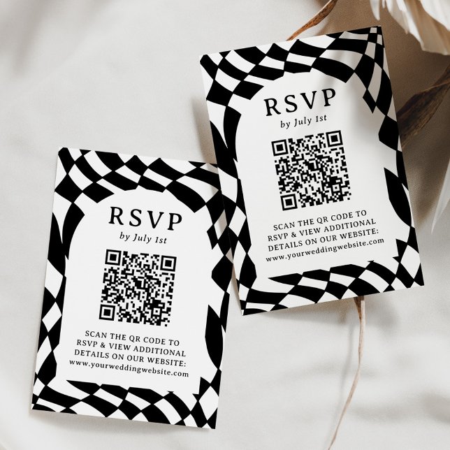 Retro Black and White Checkerboard QR Code Wedding RSVP Card (Creator Uploaded)
