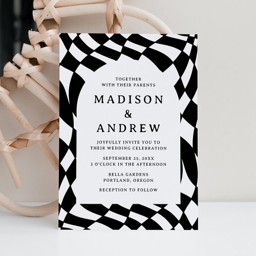 Retro Black and White Checkerboard Wedding Invitation