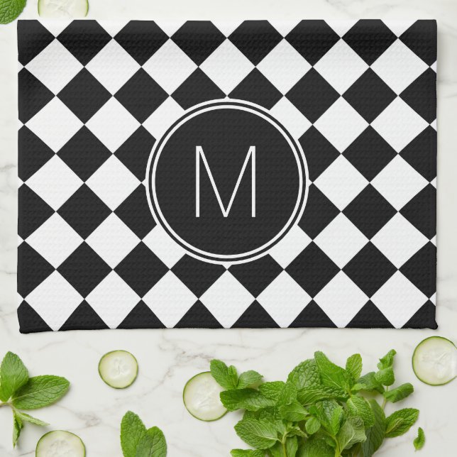 Retro Black and White Checkered Check Kitchen Towel (Folded)