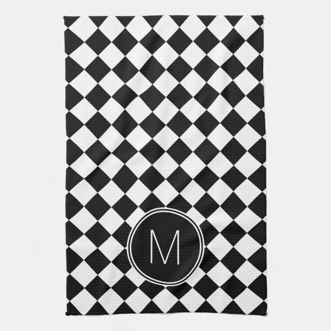 Retro Black and White Checkered Check Kitchen Towel (Vertical)