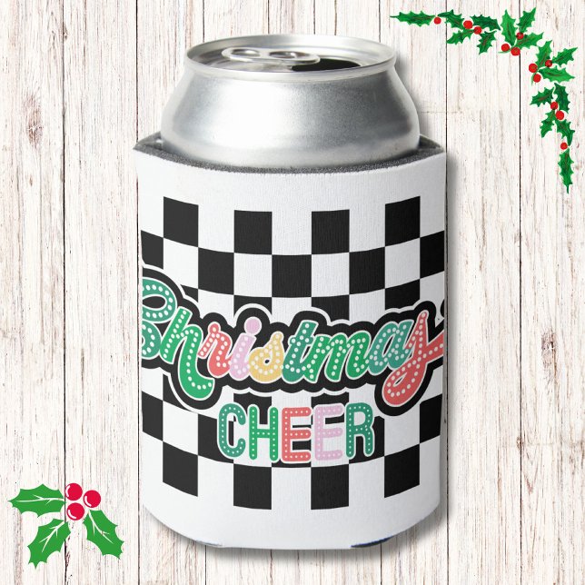 Retro Black and White Checkered Christmas Cheer  Can Cooler (Creator Uploaded)