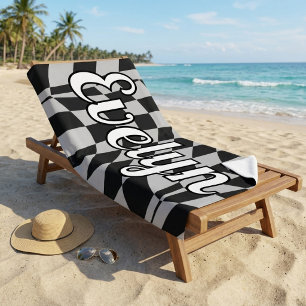 Retro Black and White Checkered Custom Name Beach Towel