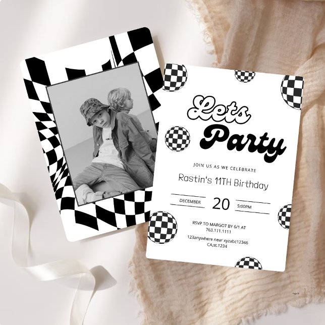 Retro Black And White Checkered Pattern Birthday Invitation (Creator Uploaded)