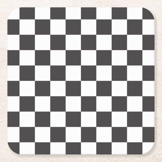 Retro black and white checkered square paper coaster (Front)