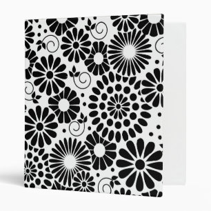Retro Black and White Chic Folk Flowers Pattern 3 Ring Binder