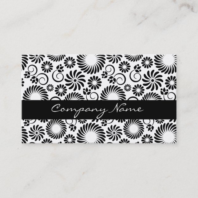Retro Black and White Chic Folk Flowers Pattern Business Card (Front)