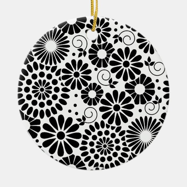 Retro Black and White Chic Folk Flowers Pattern Ceramic Ornament (Front)