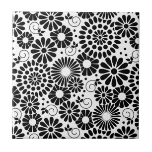 Retro Black and White Chic Folk Flowers Pattern Ceramic Tile