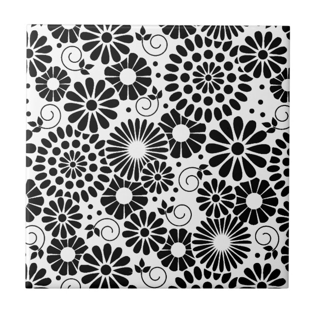 Retro Black and White Chic Folk Flowers Pattern Ceramic Tile (Front)